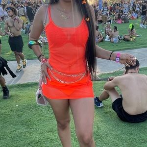 Orange highlighter see through festival net dress